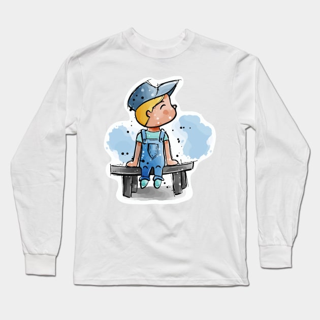 Cute little cartoon boy sitting on a bench Long Sleeve T-Shirt by Sissely